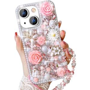 for iPhone 15 Glitter Bling Case, Cute Luxury 3D Crystal Rhinestone Diamond Sparkle Shiny Gems Flower Pearl with Lanyard Wrist Strap Women Girls Protective Case for iPhone 15 6.1 inch (Pink)