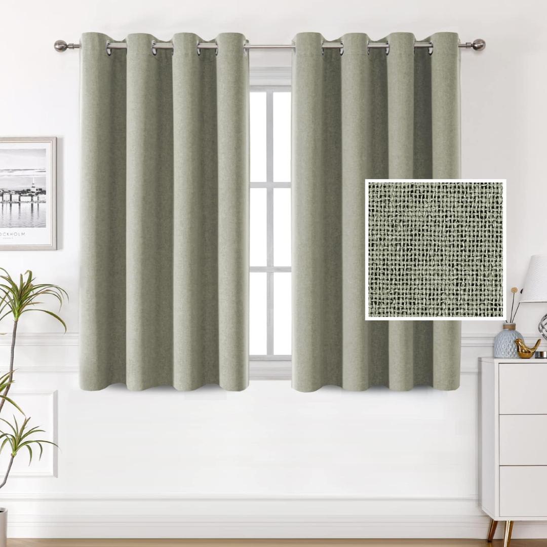 H.VERSAILTEX 100% Blackout Linen Curtains Thermal Curtains for Living Room Textured Burlap Curtains with Double Face Linen Grommet Soundproof Bedroom Curtains 52 x 63 Inch, 2 Panels - Heather Sage
