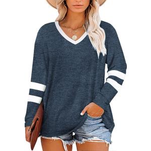 Haloumoning Women's Plus Size Tops Striped Long Sleeve V Neck T Shirts Color Block Casual Tunics Tee Shirt A-Navy Blue, Size XXL