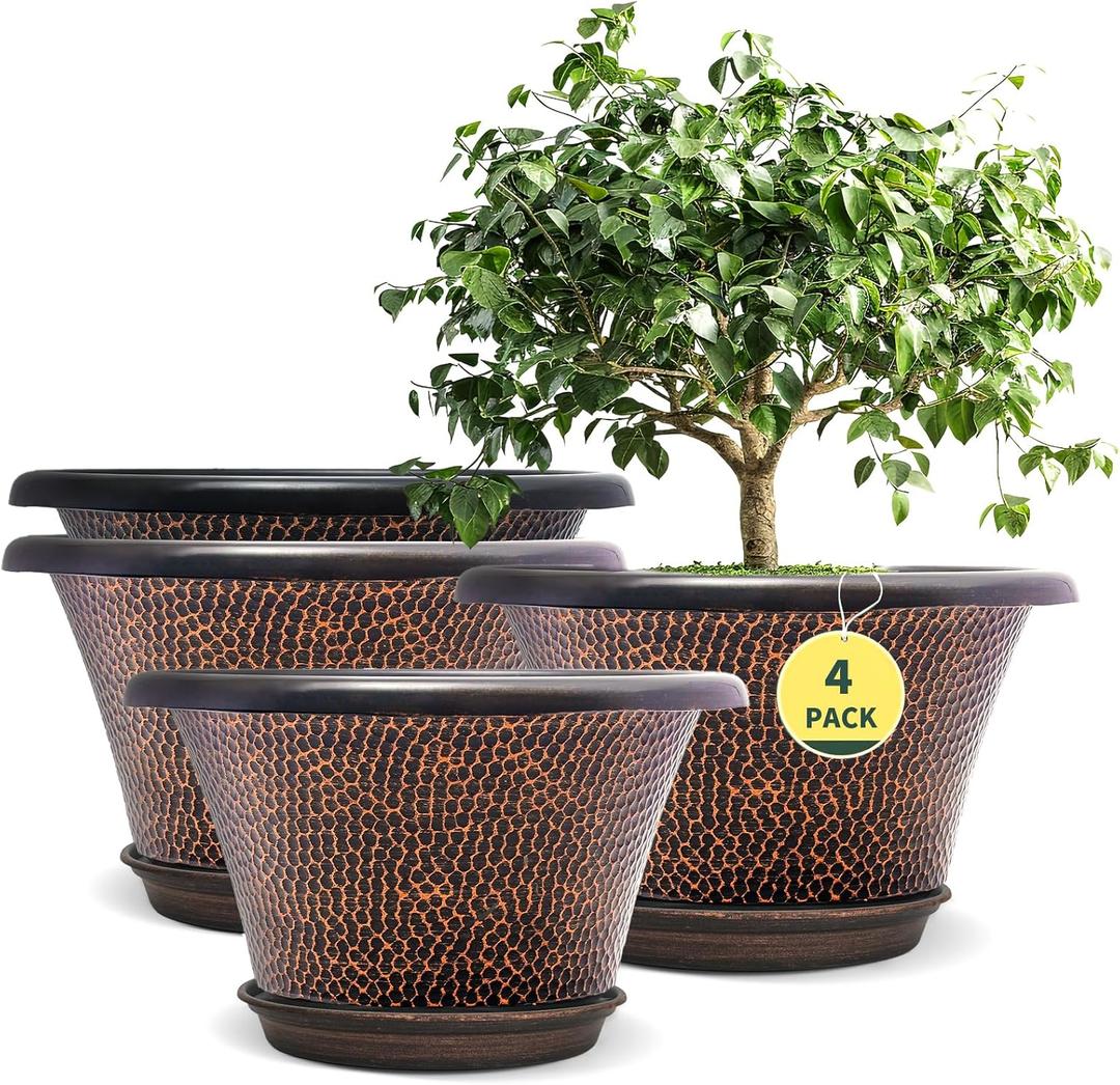 Quarut 12 Inch Pots for Plants,4 Pack Large Plant Pot,Flower Pots with Drainage Hole & Saucer,Modern Planters for Indoor Outdoor Plants,Decorative Resin Garden for Planting Medium Large Plants (Diamond Pattern-brown)