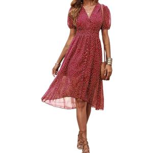 PRETTYGARDEN Women's Floral Wrap V-Neck Midi Dress Short Sleeve Boho Summer Beach Long Dress High Low Hem Smocked Dress Women