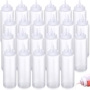 24 Pcs 32 oz Squeeze Bottle Large Plastic Wide Mouth Squeeze Bottles for Condiment Sauces Chocolate Ketchup Mustard BBQ Grill Restaurant (Clear)