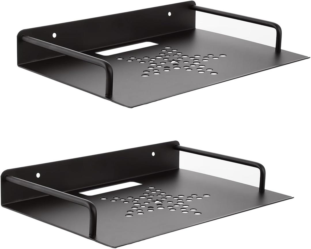 STARVAST 2 Pack Floating Wall Mounted Shelves, 10" x 8" Breathable Metal Shelf for Router, Modem, Cable Box, DVD Player & Projector, Space Aluminum Wall Mount Under TV, Black