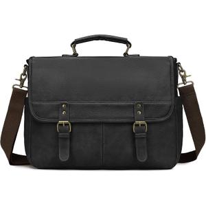 Leather Messenger Bag for Men, 15.6 Inch Laptop Briefcase Large Computer Satchel Shoulder Bag for Work/Business/Travel (Black)