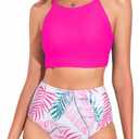 Herseas Women's Bikini Sets High Neck Tropical Leaf Print High Waisted Two Pieces Swimsuits Bathing Suits. XL