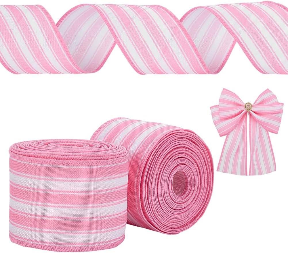 FINGERINSPIRE 2 Rolls Pink Burlap Striped Fabric Ribbon 2-1/2 inch Wide Striped Wired Edge Ribbon Farmhouse Fabric Ribbons for DIY Project/Gift Wrapping/Wreaths/Christmas Tree Decoration(5yards/roll)
