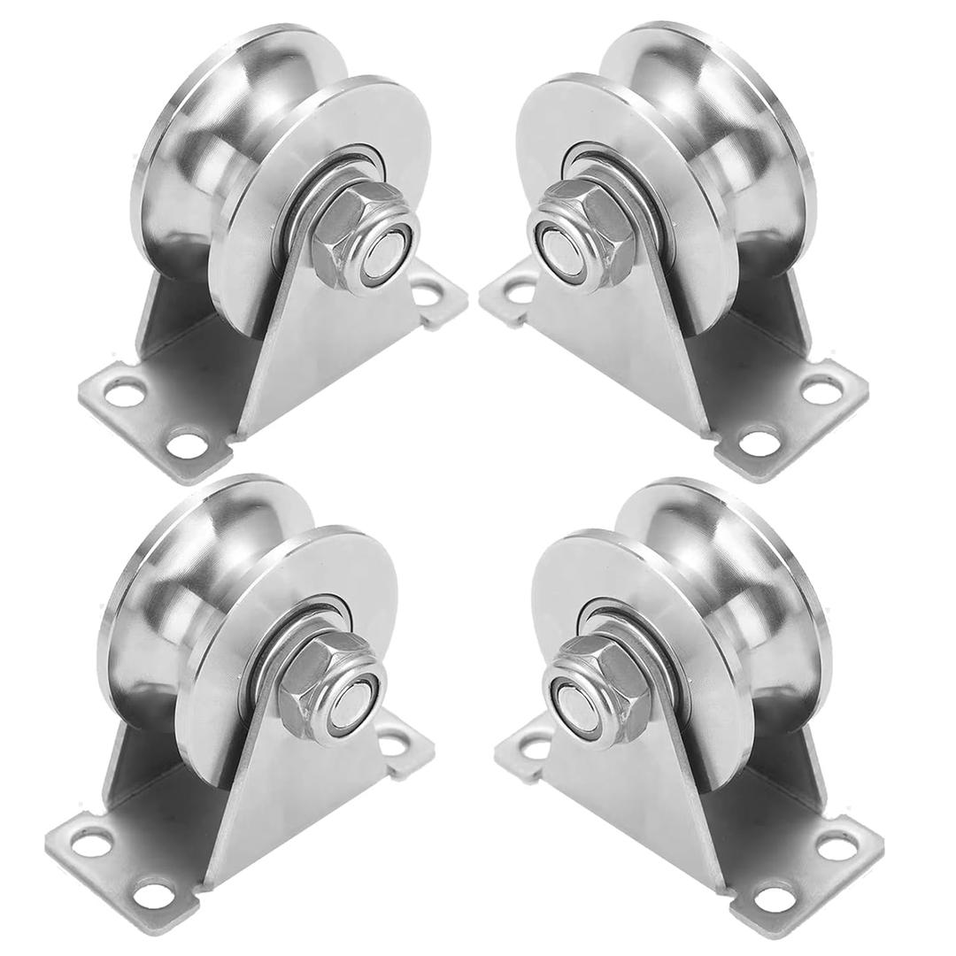 Stainless Steel U Groove Roller Gate Track Roller Heavy Duty Sliding Gate Wheels Double Bearing Garage Door Pulley Solid Bracket Plate Casters for Rolling Gate Industrial Machines (4pc 3in U)