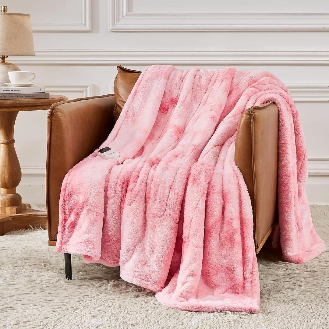 Homemate Heated Blanket Electric Throw - 50"x60" Heating Blanket Throw 1/2/4/6/8 Hours Auto-Off 10 Heat Levels Over-Heat Protection Luxury Faux Fur Sherpa ETL Certification (03 - Pink)