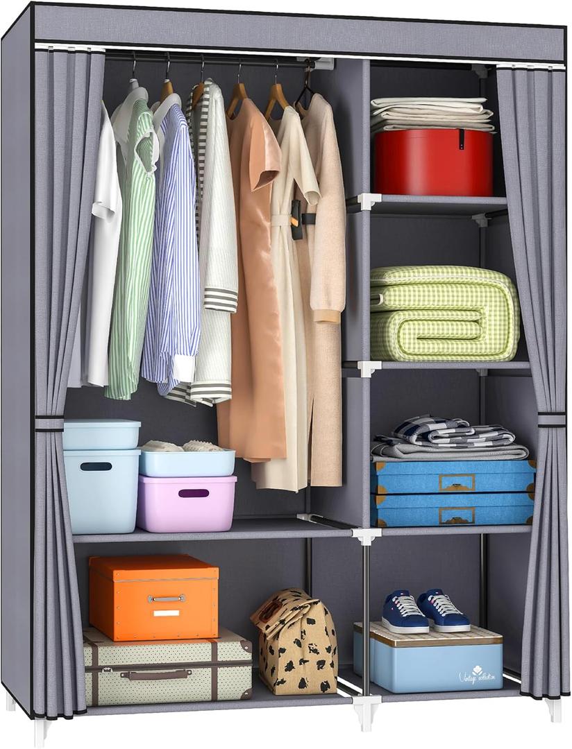 Portable Closet, Wardrobe Closet for Hanging Clothes with 1 Hanging Rods, 6 Storage Organizer Shelves, Easy to Assemble, Space Saving for Bedroom, 43 x 17.7 x 66 Inches, Grey