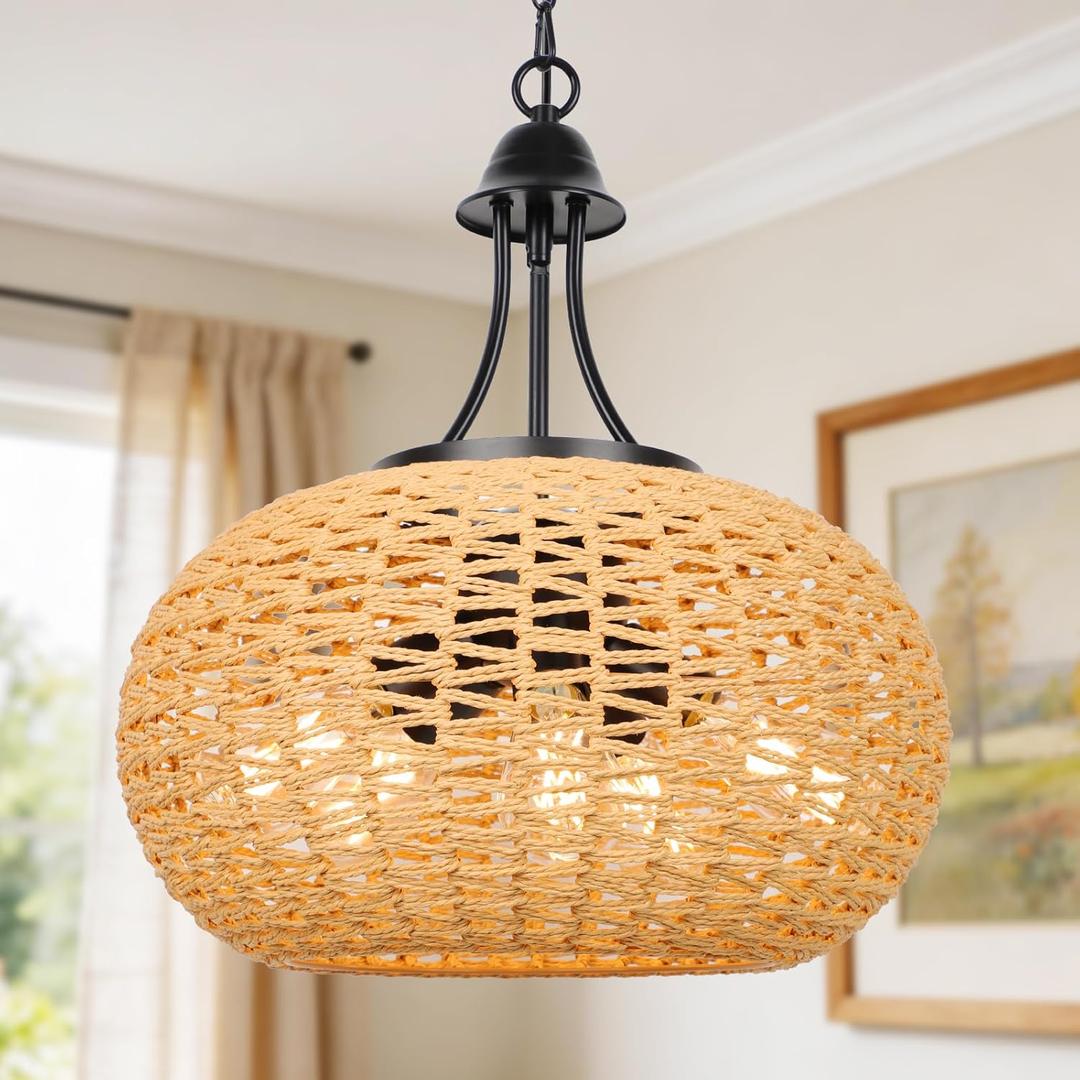 Boho Rattan Chandelier for Dining Room, ropelux 5-Light Farmhouse Chandelier Rustic Wicker Drum Hanging Light Fixture, Coastal Hand Woven Large Pendant Light for Kitchen Island Bedroom Living Room