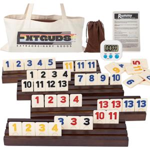 2-4 Player Rummy Cube Game Set, with 4 Wooden Racks/Trays, 106 Large Tiles Rummy Cube Game Set with Canvas Bag, Rummy Tiles Travel Set with 4 Tiles Holders for Classic and Funny Party Games,for Adults