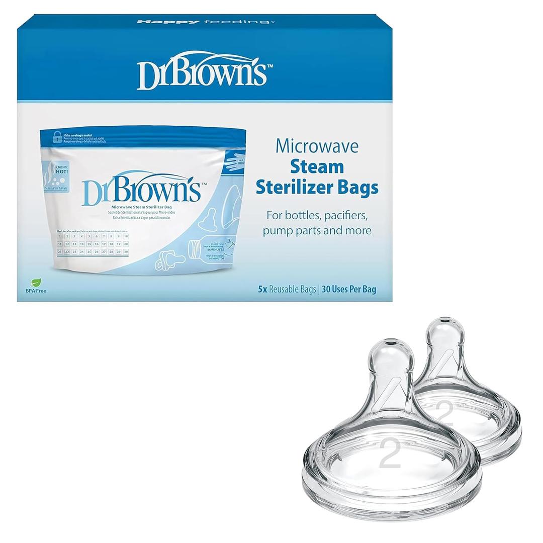 Dr. Brown's Microwave Steam Sterilizer Bags for Baby Bottles, Pacifiers, Pump Parts and Accessories, 5-Pack + Dr. Brown's Natural Flow Level 2 Wide-Neck Baby Bottle Silicone Nipple, 2 Count