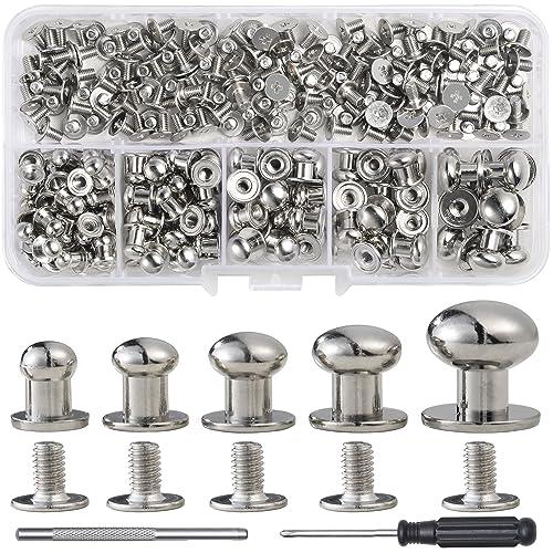 YORANYO 120 Sets Round Head Button Stud Assorted Sizes Button Screw Stud for Leather Chicago Screws Spikes and Studs Silver Leather Rivets for Repair Decorate Clothing Shoes Belts Bags Dog Collars