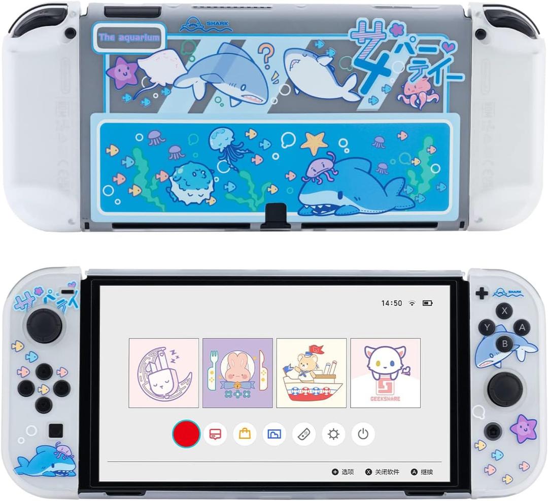 GeekShare Protective Case Slim Cover Case Compatible with Standard Switch Only - Shock-Absorption and Anti-Scratch Cover Skin for Switch - Shark Party (for Switch OLED Model)