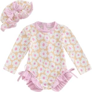 MERSARIPHY Baby Girl One-Piece Swimsuit Rash Guard Toddler Infant Zipper Long Sleeve Swimwear+Hat Bathing Suit Swimwear (12-18 Months) Pink P