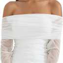 SUUKSESS Women Mesh Off The Shoulder Tops Sexy Going Out Ruched Foldover Shirt Summer Outfits (White, S)