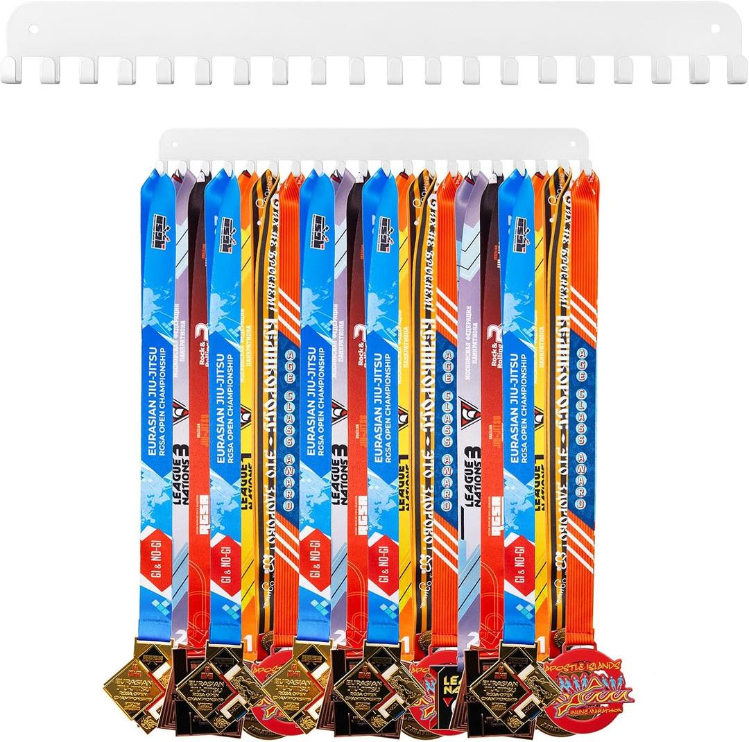 Geetery 4 Pack Metal Sports Marathon Medal Hanger Display with 20 Pcs Hanging Hooks Over 160 Medals Easy to Install Shelf Rack Wall Mount Award Plaques for Gymnastics Running Marathon Soccer (White)