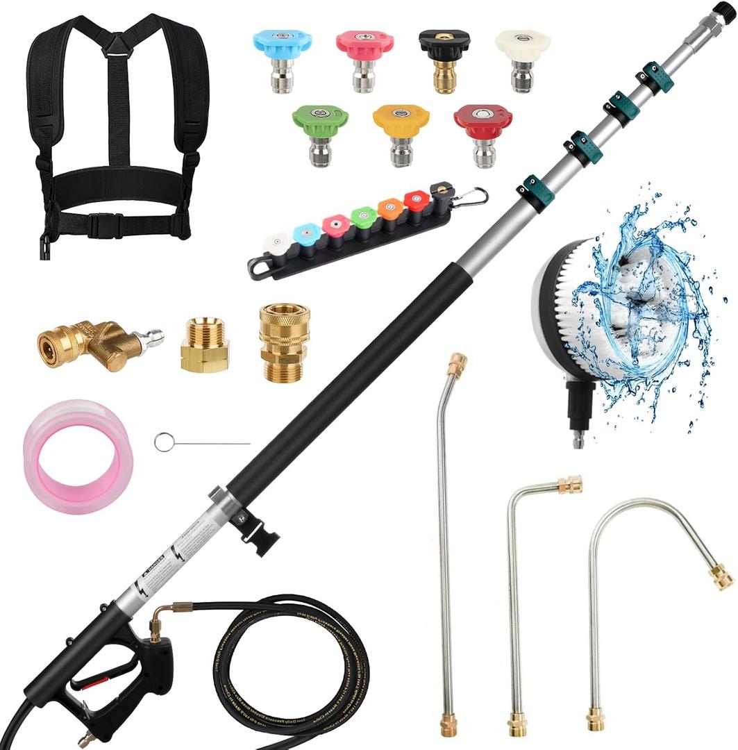 24FT Telescoping Pressure Washer Extension Wand, 4000PSI High Reach Power Washer Wand with Rotary Brush, 7 Nozzles & M22 Adapters, Gutter Cleaning Tool for Second Story Window Patio Garden