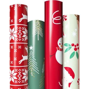 Hexablenzio Christmas Wrapping Paper Bulk Set of 4 Rolls (93 sq. ft. ttl) Santa Claus, Reindeer, Christmas Tree, Snowman Patterns for Holiday Gift Wrap - 17 inches x 16.5 feet Per Roll