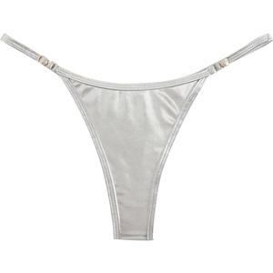 OYOANGLE Women's Metallic Thong Bikini Bottom Low Rise Cheeky Swim Bottoms Beachwear L