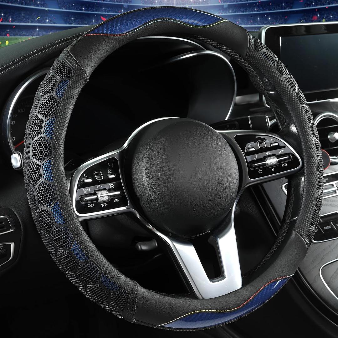 PU Leather Steering Wheel Cover 14.5-15 Inch, Carbon Fiber Style Grip, Non-Slip & Breathable, Universal for Sedan SUV Truck Van, Car Steering Wheel Cover for Men Women Dark Blue