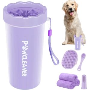 Professional 7 in 1 Dog Paw Cleaner for Dogs & Cats - Includes 1 Portable Paw Washer, 1 Bath Brush, 2 Dog Toothbrushes and 3 Absorbent Towels Note: Fits Paws 2.5 to 3.5 Inches Wide (Large, Purple)