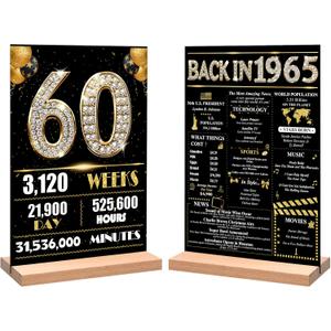 60th Birthday Party Decorations for Women Men, Black Gold Back in 1965 Birthday Decor Poster Acrylic Table Sign, 60th Birthday Party Supplies, Double-Sided