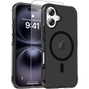 jaroco Magnetic for iPhone 16 Case with Screen Protector, Heavy Duty Protection, Compatible with MagSafe, Military Grade Drop Protection, Translucent Matte Shockproof Phone Cover, Black
