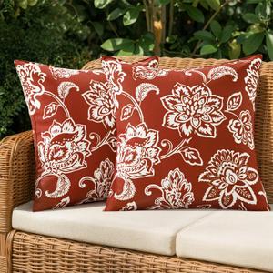 SWANCOCO Decorative Outdoor Floral Pillow Covers Set of 2,Waterproof Boho Farmhouse Throw Pillows Summer Accent Pillowcases for Patio Furniture Garden Sofa 18x18 Inch, Red