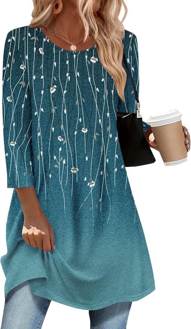 Zeagoo Women Tops 3/4 Sleeve Dressy Casual Plus Size Tunics to Wear with Leggings Swing Flare T-Shirt Loose Blouses (Small, Blue Leaves-xh363)