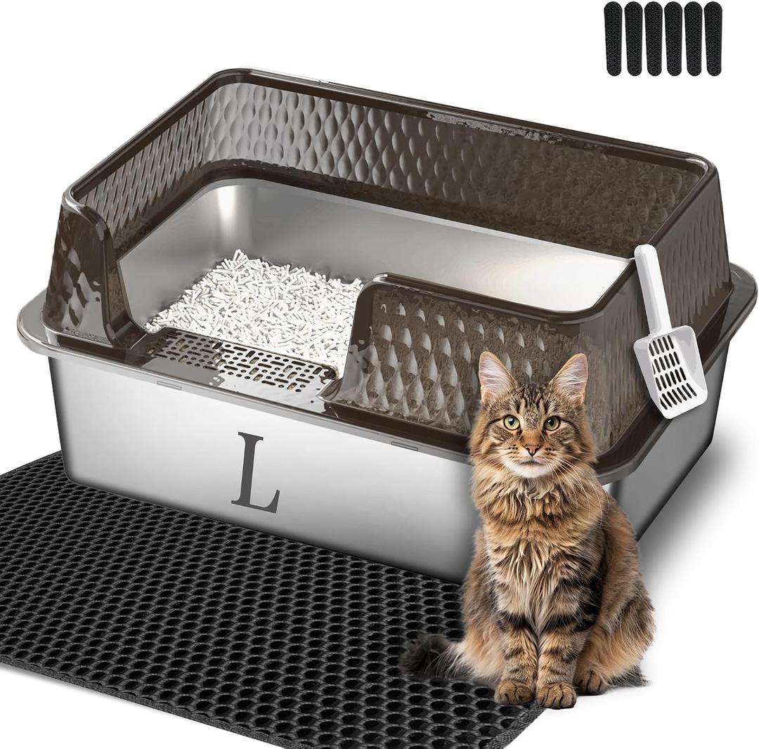 Suhaco Medium Stainless Steel Litter Box Side Entry High Sides Deep Metal Cat Litter Boxes with Lid Low Entry Litter Mat and Scoop Litter Pan (Black)