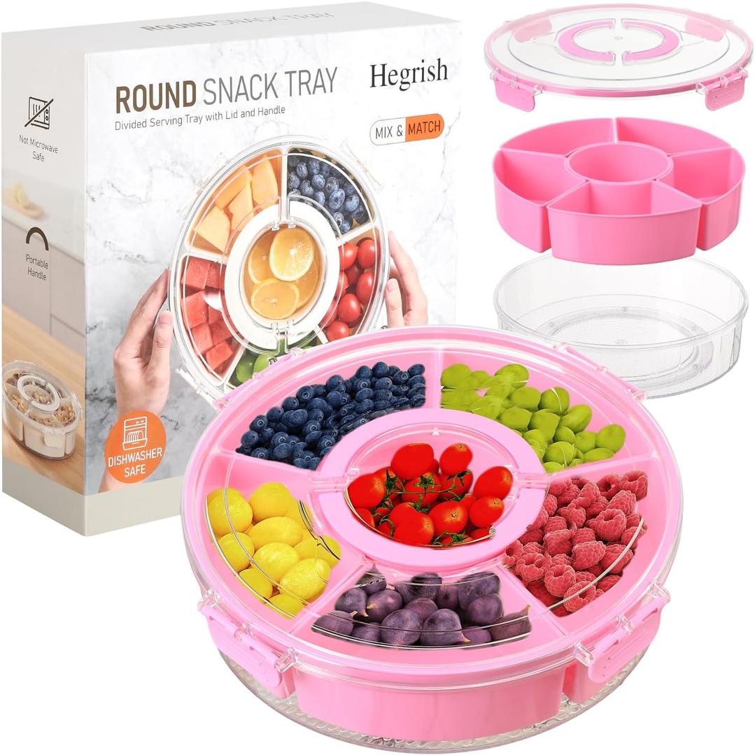 Divided Rotating Serving Tray with Lid and Handle,Portable Snackle Box Container,Spinner Organizer and Storage for Adults,Child,Fruits,Candy,Nuts,Veggie,Charcuterie,Snacks,Picnic,Road Travel Party (Pink)