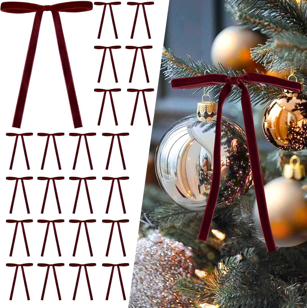 Curvier 25 Pcs Vintage Velvet Christmas Tree Bows Pre-Tied Ribbon Bows for Door Garland Decor, Gift, Staircase,5x7 Inch,3/8" Wide Burgundy
