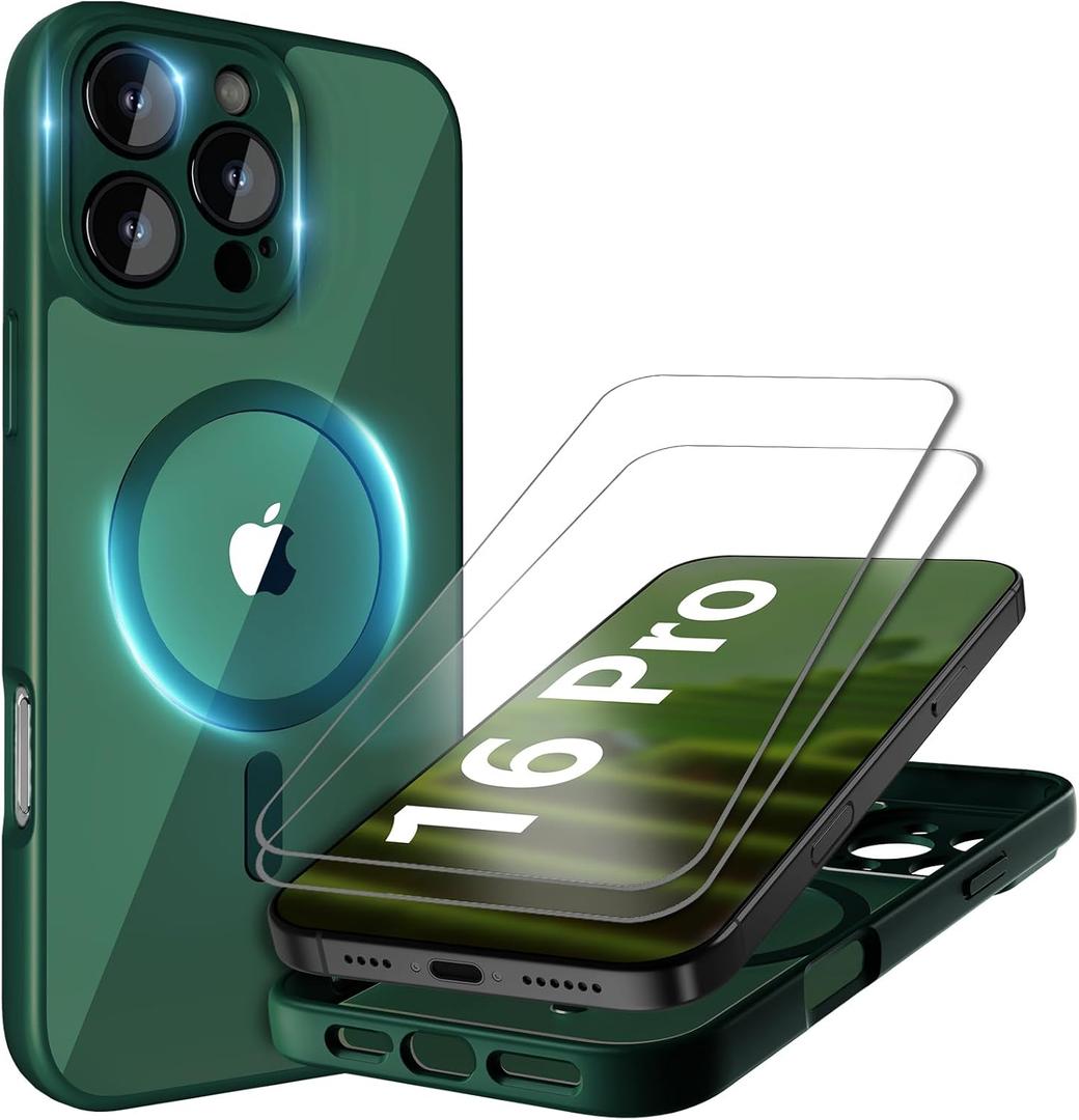 Cufelf Magnetic for iPhone 16 Pro Case(Compatible with Magsafe) Full Camera Protection,2+Full Coverage Screen Protector,Translucent Matte,Military Drop Protection Phone Case,6.3",Green