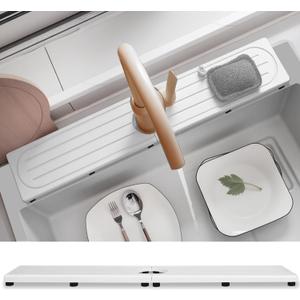 Fast Drying Stone Faucet Mat for Kitchen Sink with Raised Feet, Water Absorbent Diatomite Stone Sink Tray, Faucet Sink Splash Guard, Prevents Moisture Buildup, Durable Protector for Bathroom Counter (20" x 4", White Gray Style 1)