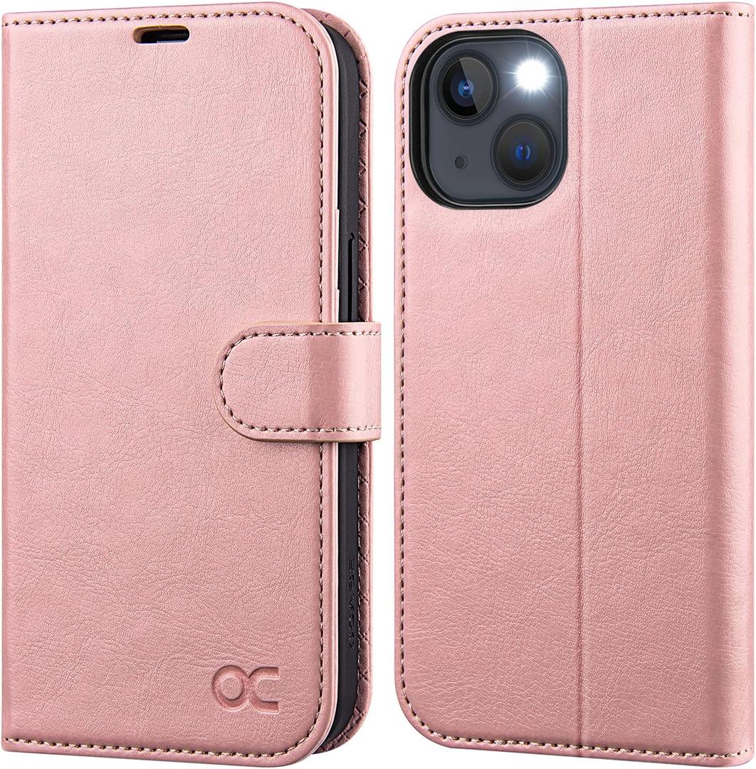 OCASE Compatible with iPhone 13 Wallet Case, PU Leather Flip Folio Case with Card Holders RFID Blocking Kickstand [Shockproof TPU Inner Shell] Phone Cover 6.1 Inch 2021 (Pink)