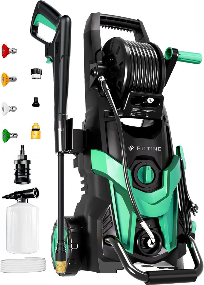 FOTING Power Pressure Washer with 4 Quick Connect Nozzles,Inlet Hose & Filter, Foam Cannon for Cars/Fences/Driveways/Patios/Home Cleaning(Navy Blue)