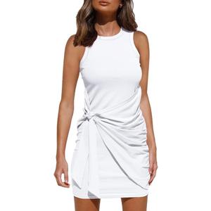 LILLUSORY Women's Casual Sleeveless Bodycon Beach Tank Ruched Mini Dresses (White)