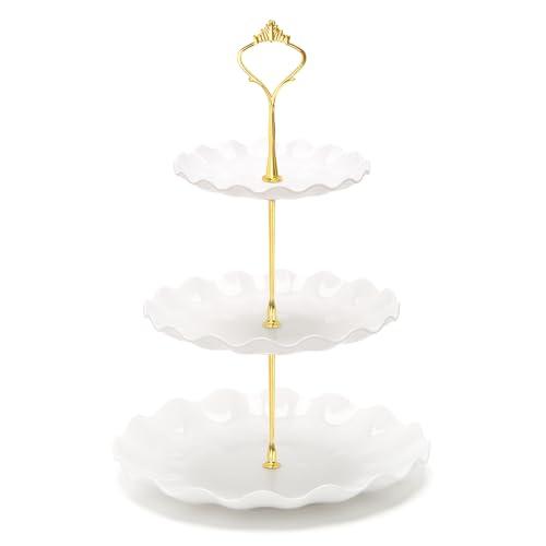 3 Tier Cupcake Stand, Plastic Tiered Serving Stand, Dessert Tower Tray for Tea Party, Baby Shower and Wedding (Wavy-Metal Rod)