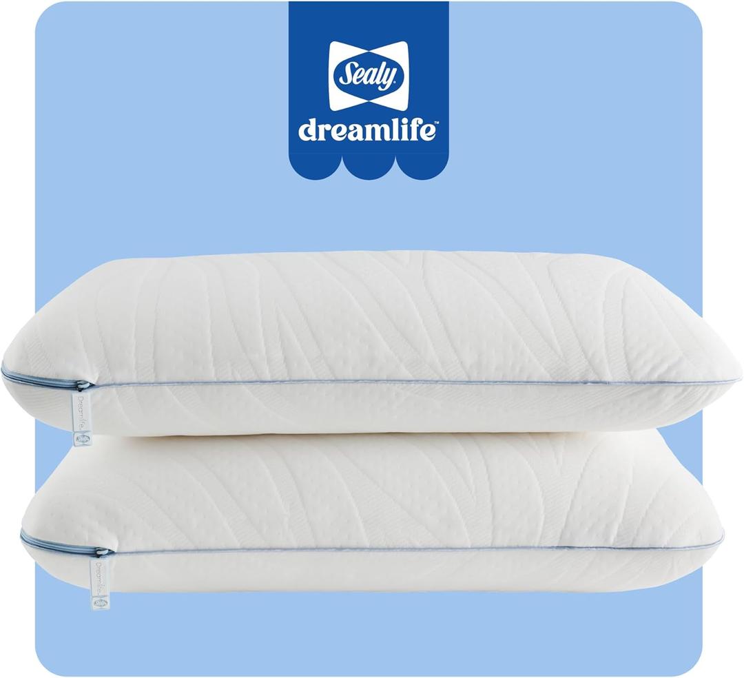 SEALY Dreamlife Queen Size Memory Foam Cooling Surface Guard Technology, Removable Machine-Washable Cover, White (2 Pack) Pillow, 2 Count