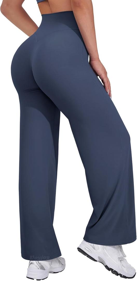 VOYJOY Straight Leggings Bottoms Wide Leg Pants for Women 29"/ 31.5"/33"/35" High Waist Stretch Casual Sweatpants (Blue, L)