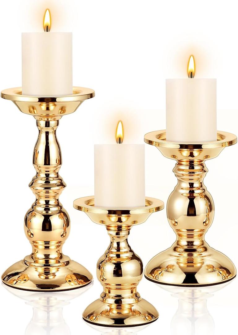 3 Sets Gold Pillar Candle Holders Metal Candle Holders for Pillar Candles, LED Flameless Candles 5.31, 6.50, 8.46 Inch Tall for Table Centerpiece, Fireplace Decor