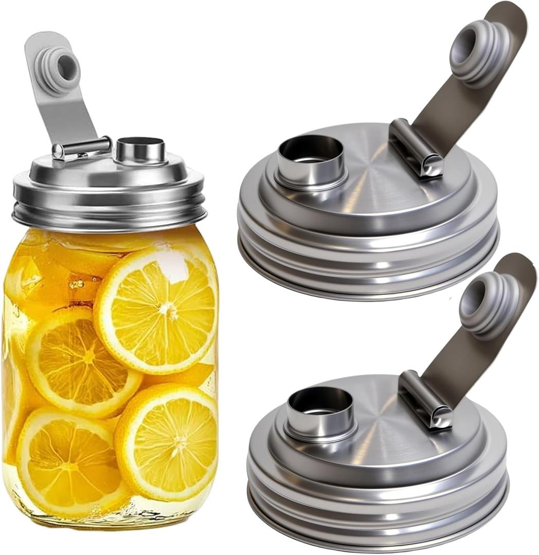 Mason Jar Wide Mouth Lid Stainless Steel Pour Spout Flip Cap,2 Pack Mason Jar Anticracking Pitcher Rust Leak Proof Seal Cover for Home Brewing Fruit Fermenting Drinks Salad (Wide Mouth)