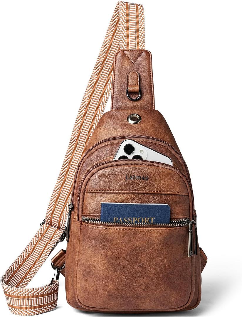 7L Sling Bag For Women Men Crossbody Shoulder Tote Blet Bags Backpack Fanny Pack Travel Purse Faux Leather (Brown)