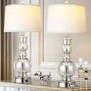 3-Way Dimmable Touch Control Mercury Beaded Ball Glass Lamps Set of 2 for Bedroom with USB A+C Contemporary Silver Living Room Lamps Modern Nightstand Lamps with White Lampshades(Bulbs Included)
