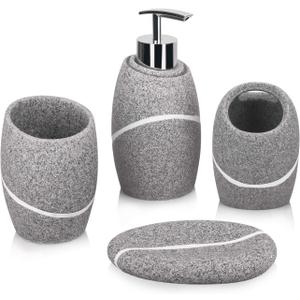 Bathroom Accessory Set of 4, Bathroom Decor Accessories Complete Set Vanity Countertop Accessory Set, Includes Bathroom Soap Dispenser Set, Toothbrush Holder Set, Tumbler, Soap Dish, Grey Granite