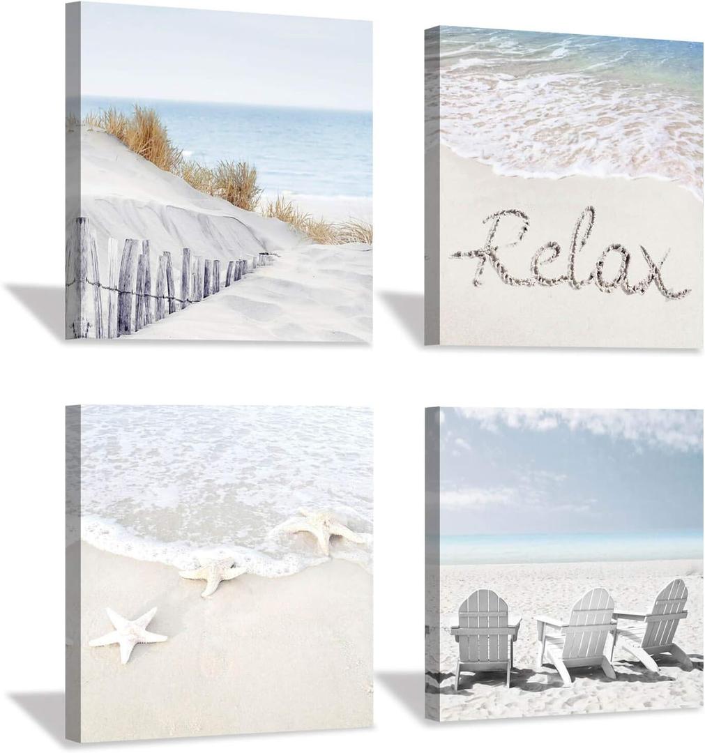 Coastal Artwork Beach Wall Art: Starfish & Chairs on Sand Painting with Word Picture on Canvas for Living Room (16 x 16'' x 4 Panels)