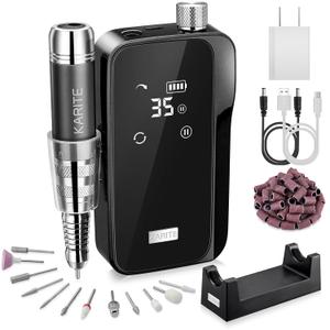KARITE Nail Drill for Acrylic Nails Professional, 35000RPM Portable Nail File, Electric Nail Drill Machine 24H Working Time, Coreless Motor and 12 Bits, for Nail Art Manicure Pedicure, Low Noise (Bright Black)