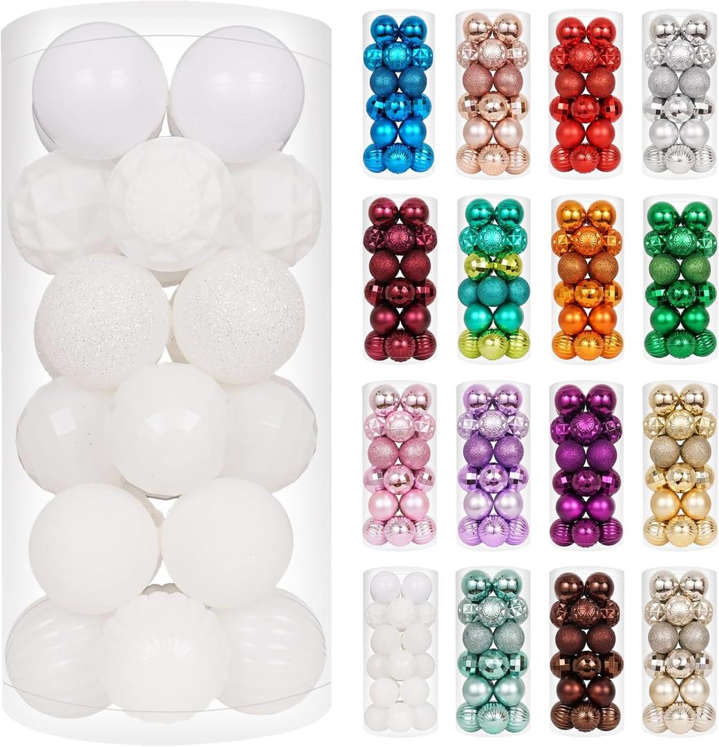 XmasExp 24ct Christmas Ball Ornaments Shatterproof Christmas Ornaments Set Decorations for Xmas Tree Balls Halloween Decorations (1.57''/40mm, White)