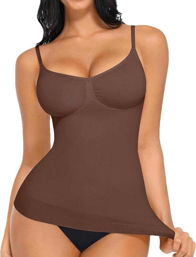 FeelinGirl Womens Tank Top Shapewear Tummy Control Tops Slimming Cami Tank Seamless Compression V Neck Camisole (Small, Brown)
